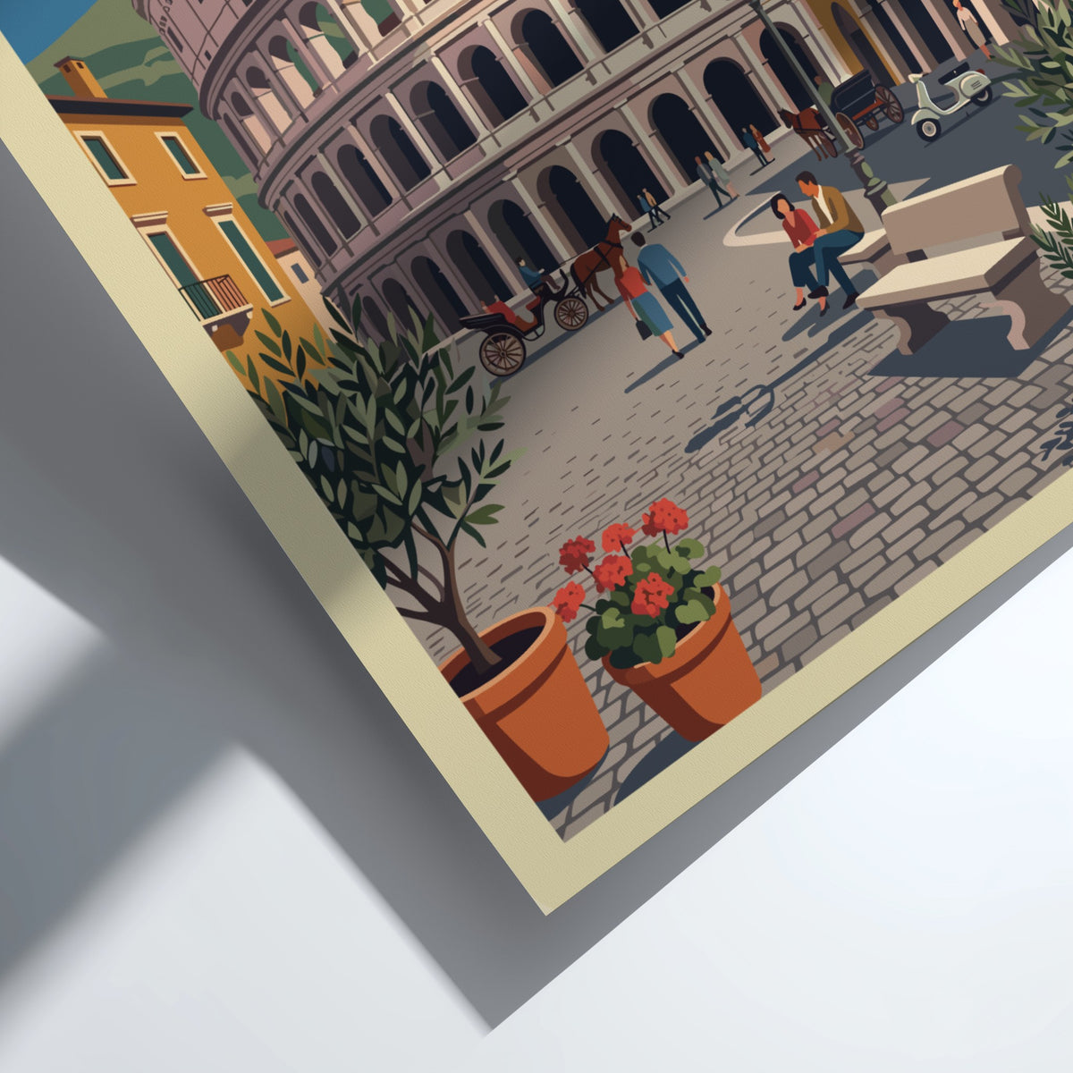 Verona Italy travel poster featuring a historic stone amphitheater surrounded by Mediterranean buildings.