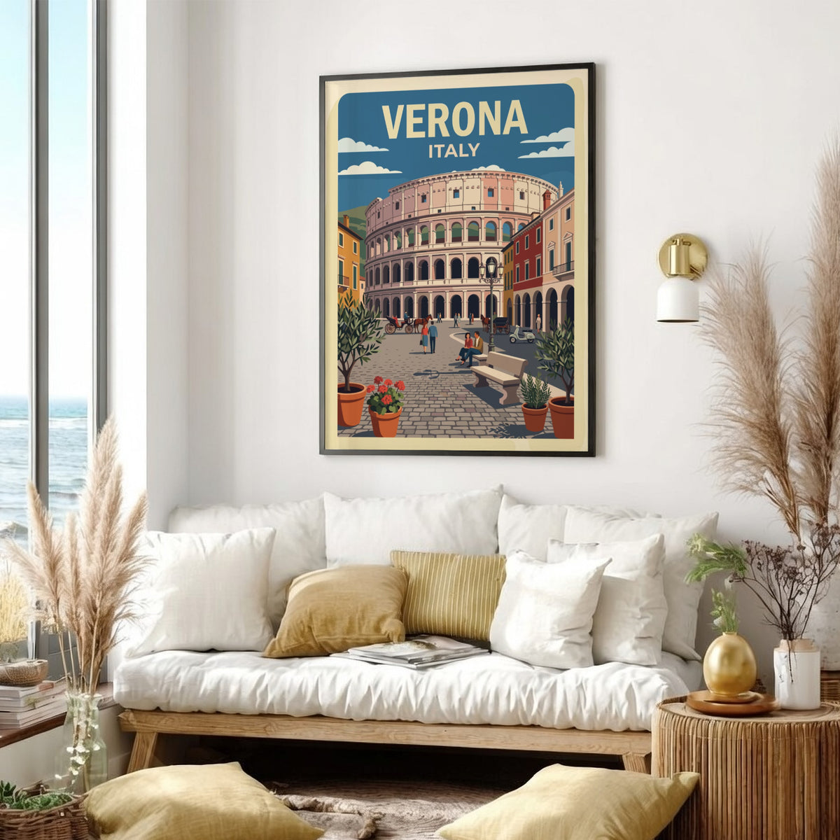 Verona Italy travel poster featuring a historic stone amphitheater surrounded by Mediterranean buildings.