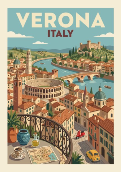 Vintage Verona Italy travel poster featuring the Arena, Adige River, and cityscape in a warm, illustrative
