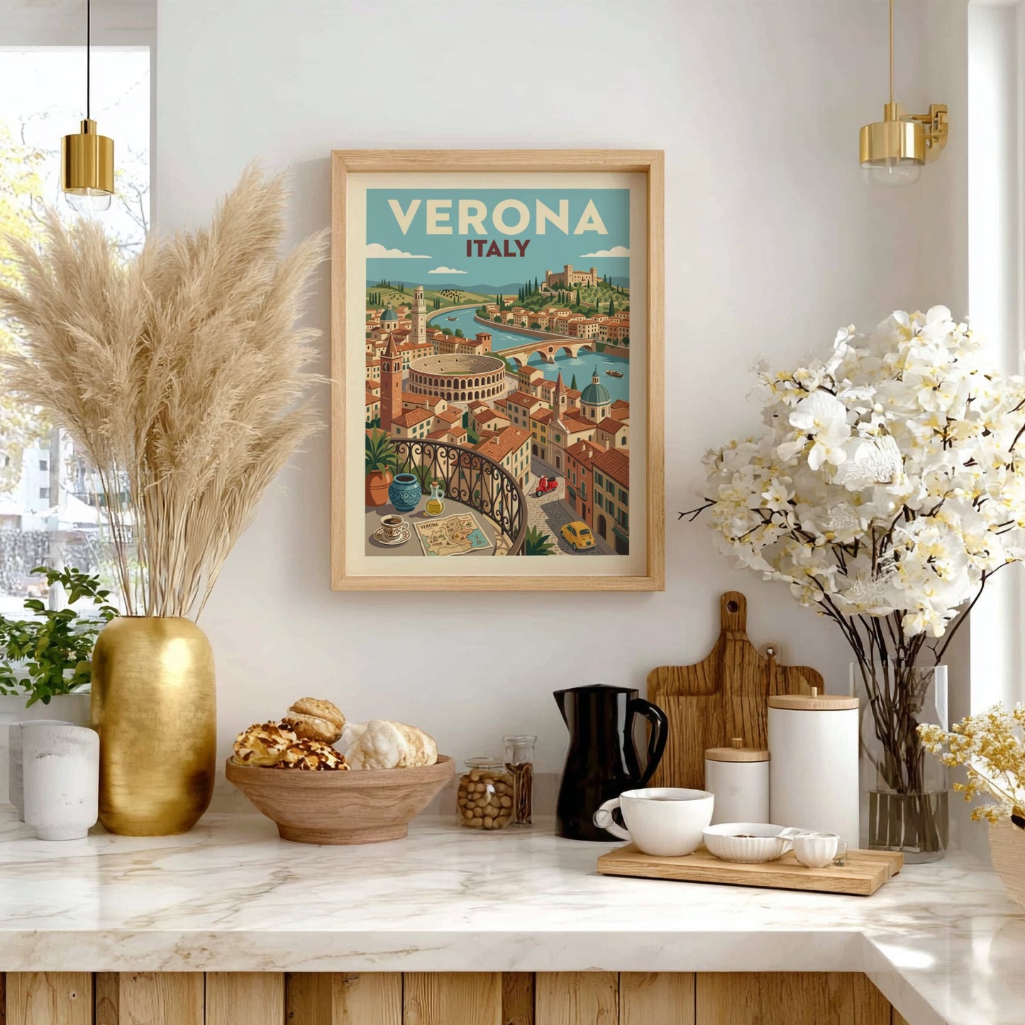 Vintage Verona Italy travel poster featuring the Arena, Adige River, and cityscape in a warm, illustrative