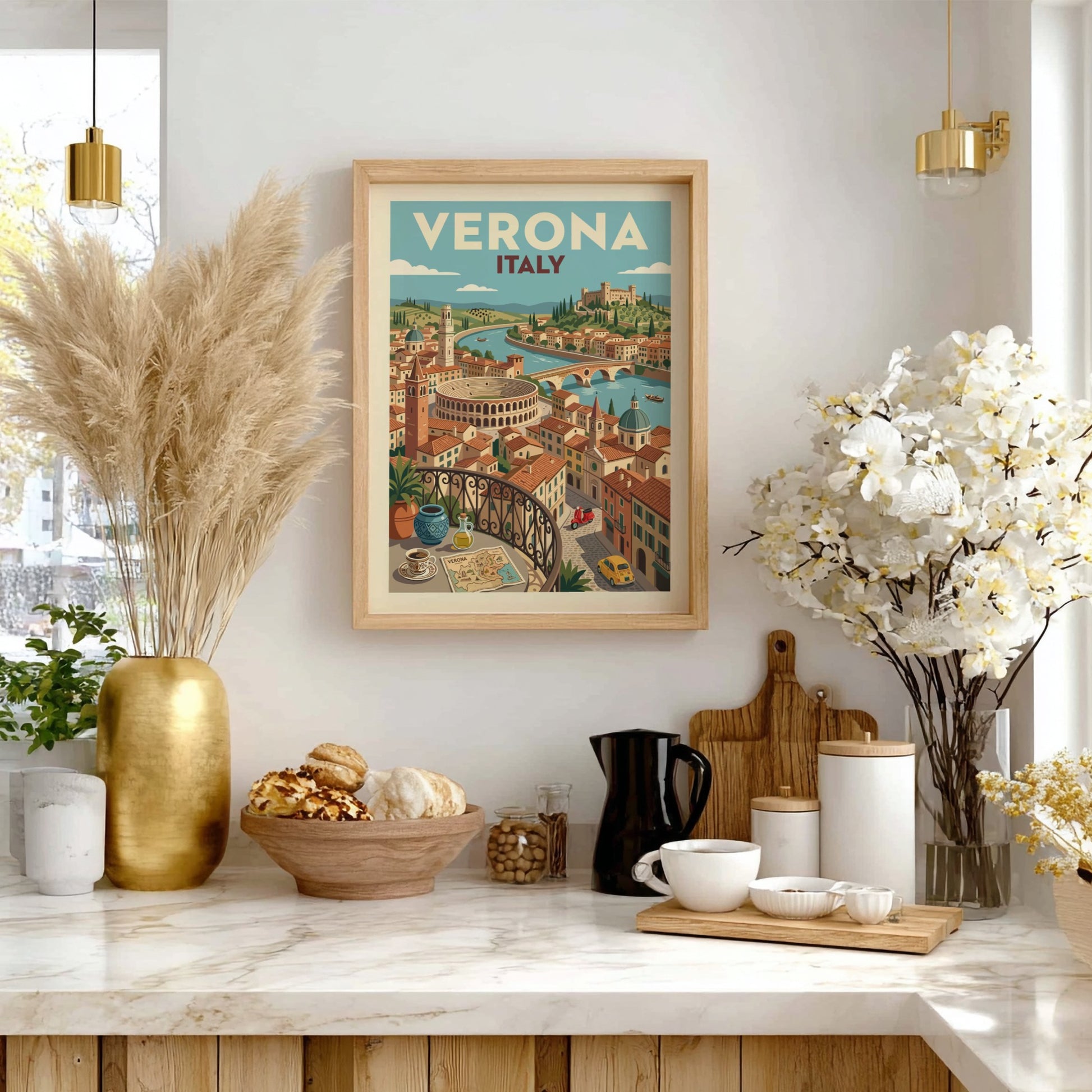 Vintage Verona Italy travel poster featuring the Arena, Adige River, and cityscape in a warm, illustrative