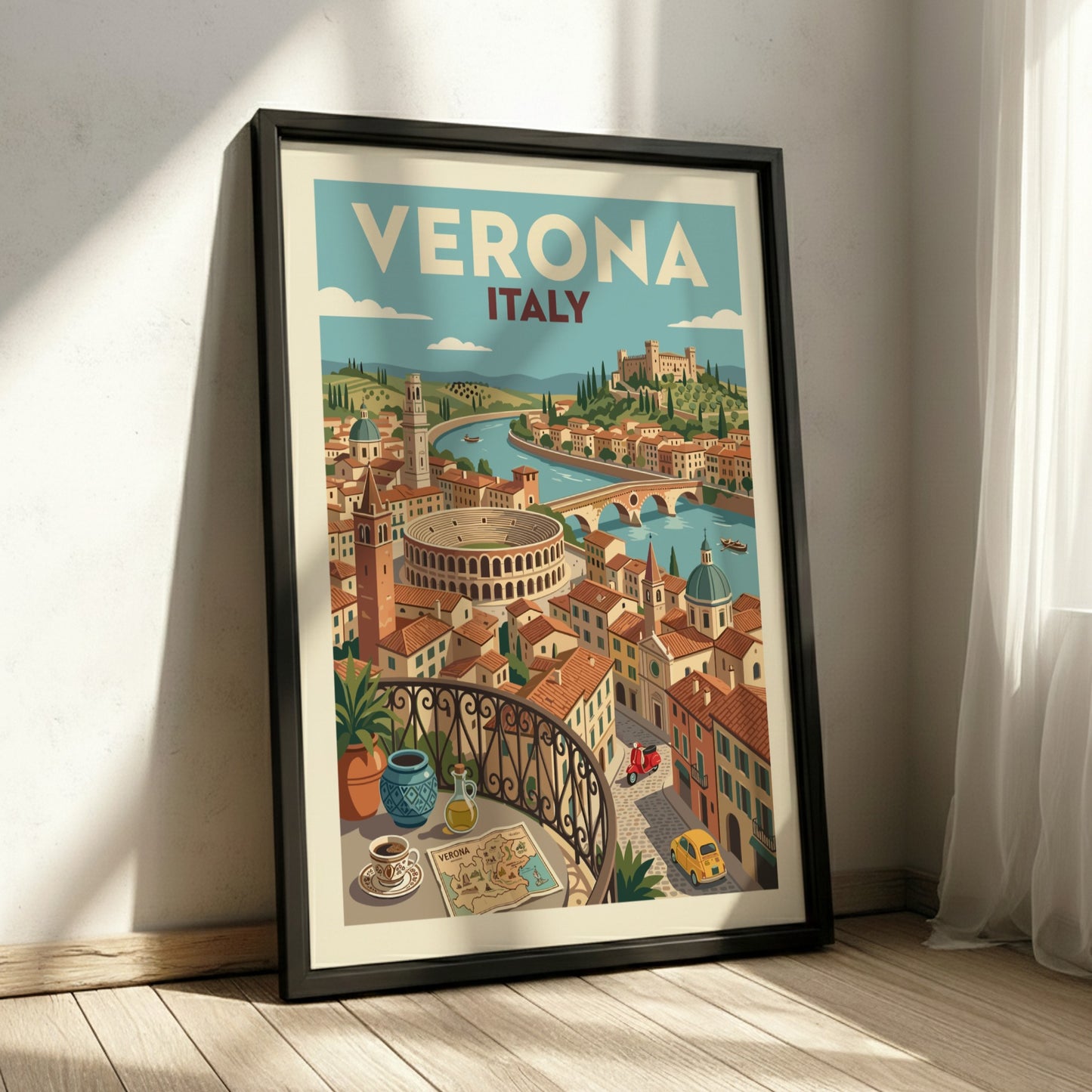 Vintage Verona Italy travel poster featuring the Arena, Adige River, and cityscape in a warm, illustrative