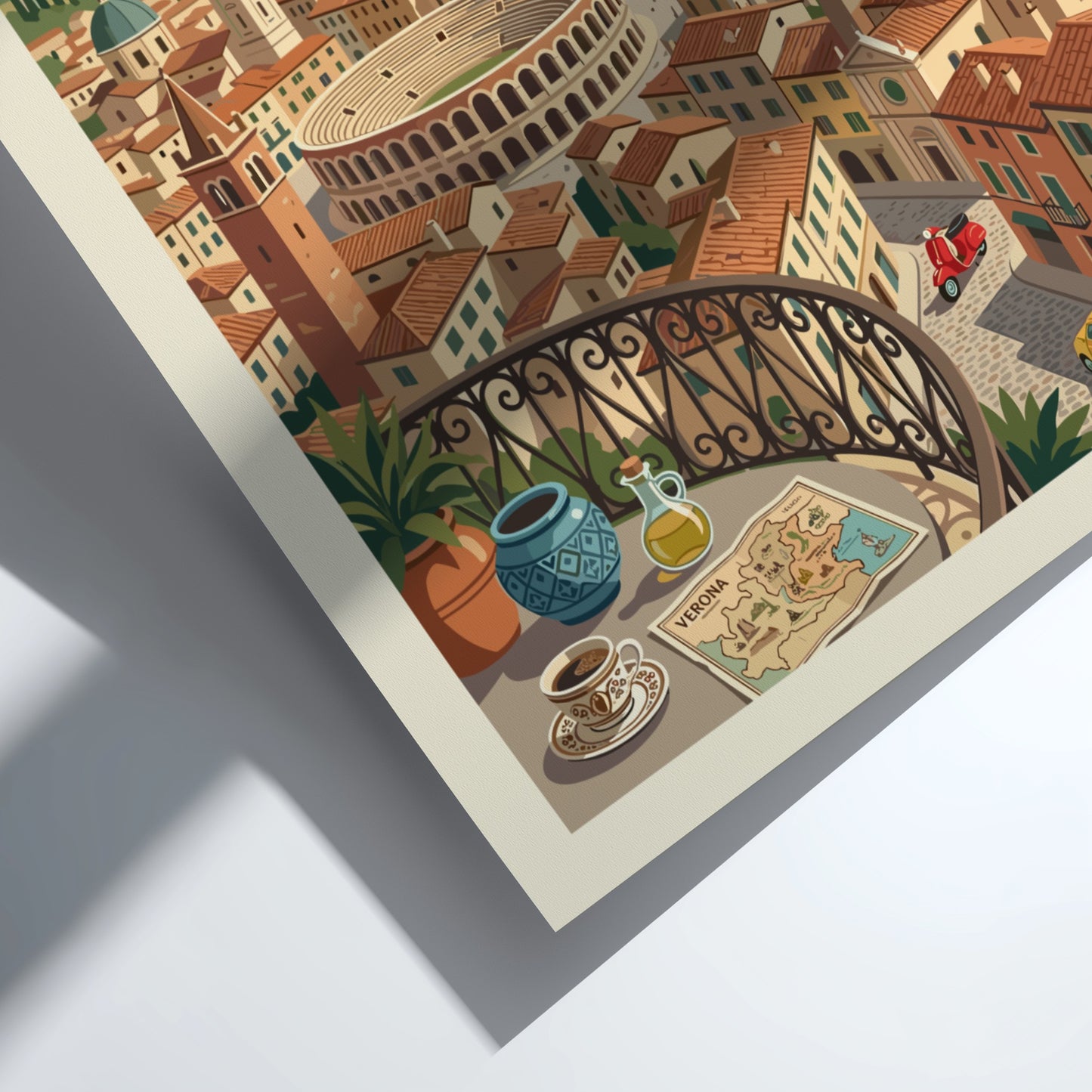 Vintage Verona Italy travel poster featuring the Arena, Adige River, and cityscape in a warm, illustrative