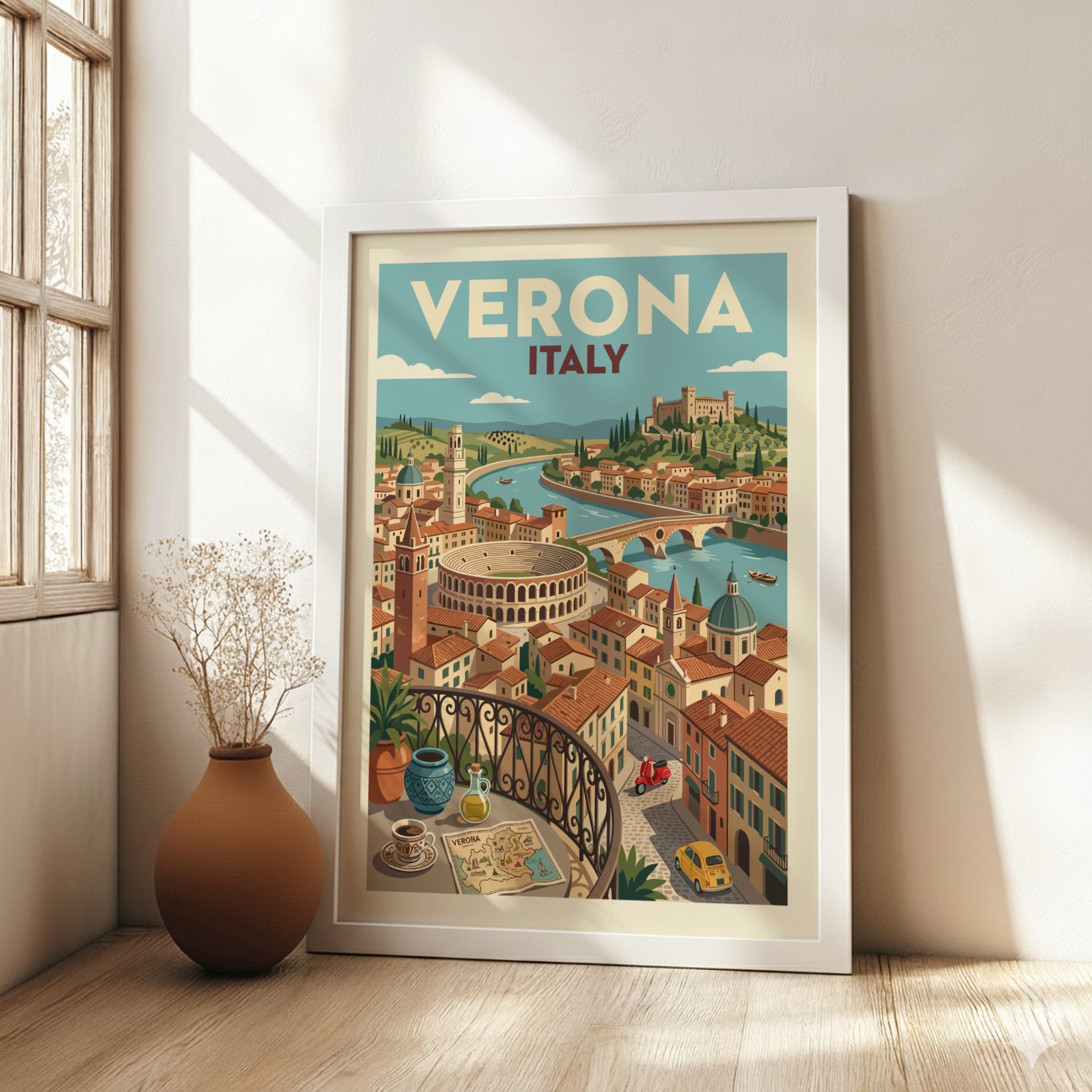 Vintage Verona Italy travel poster featuring the Arena, Adige River, and cityscape in a warm, illustrative