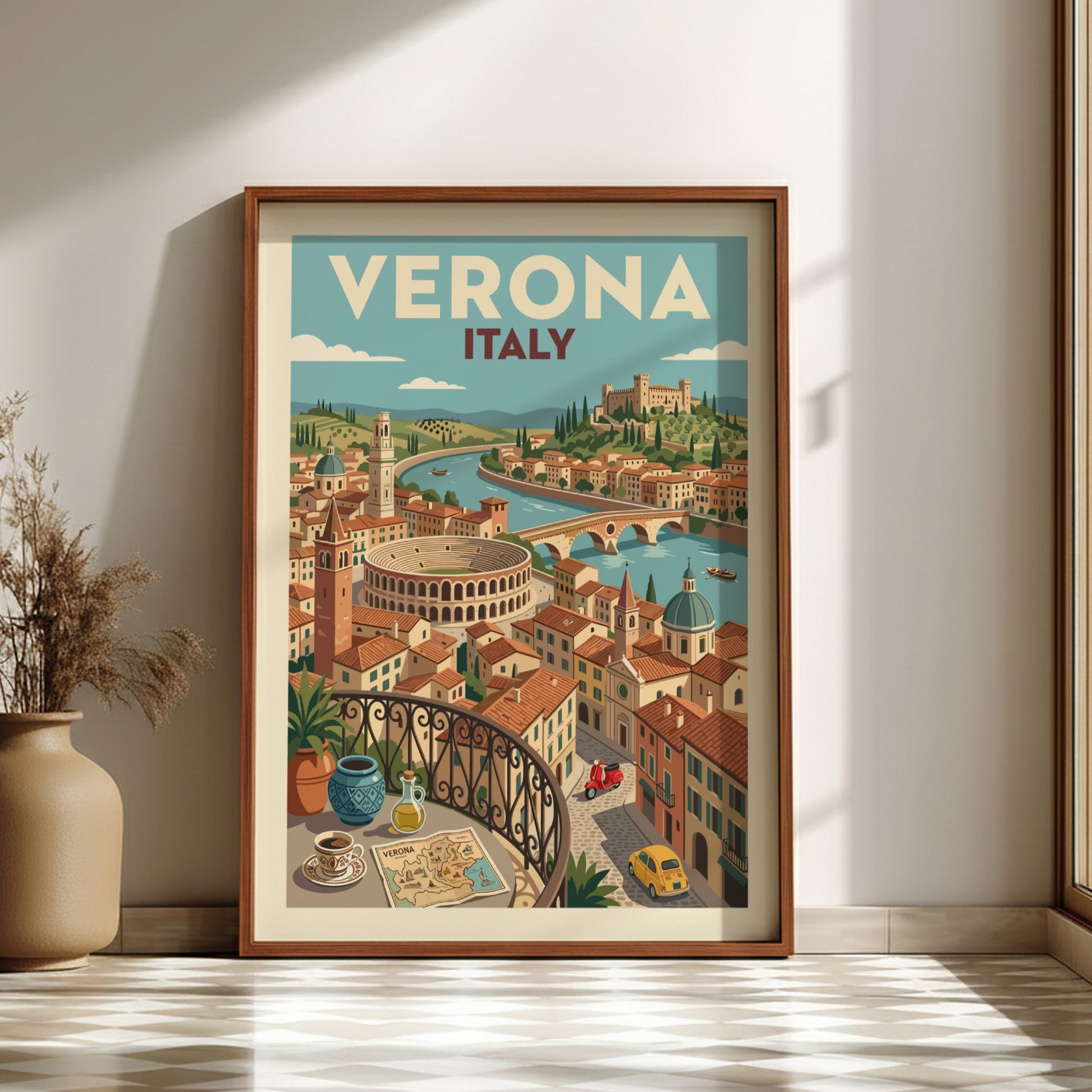 Vintage Verona Italy travel poster featuring the Arena, Adige River, and cityscape in a warm, illustrative