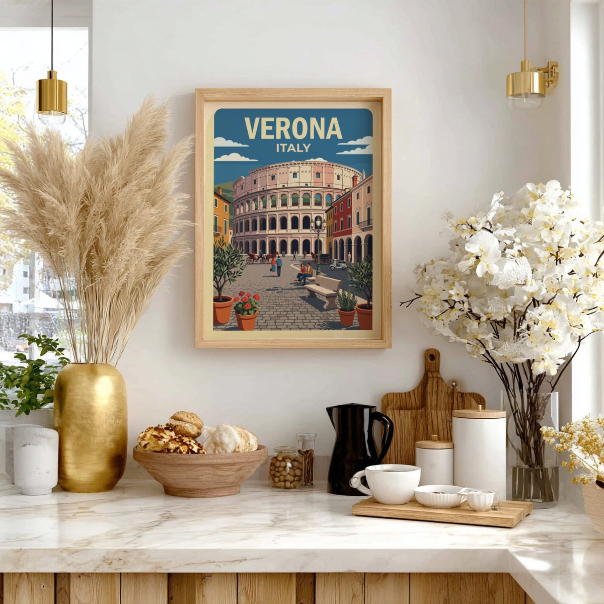 Verona Italy travel poster featuring a historic stone amphitheater surrounded by Mediterranean buildings.