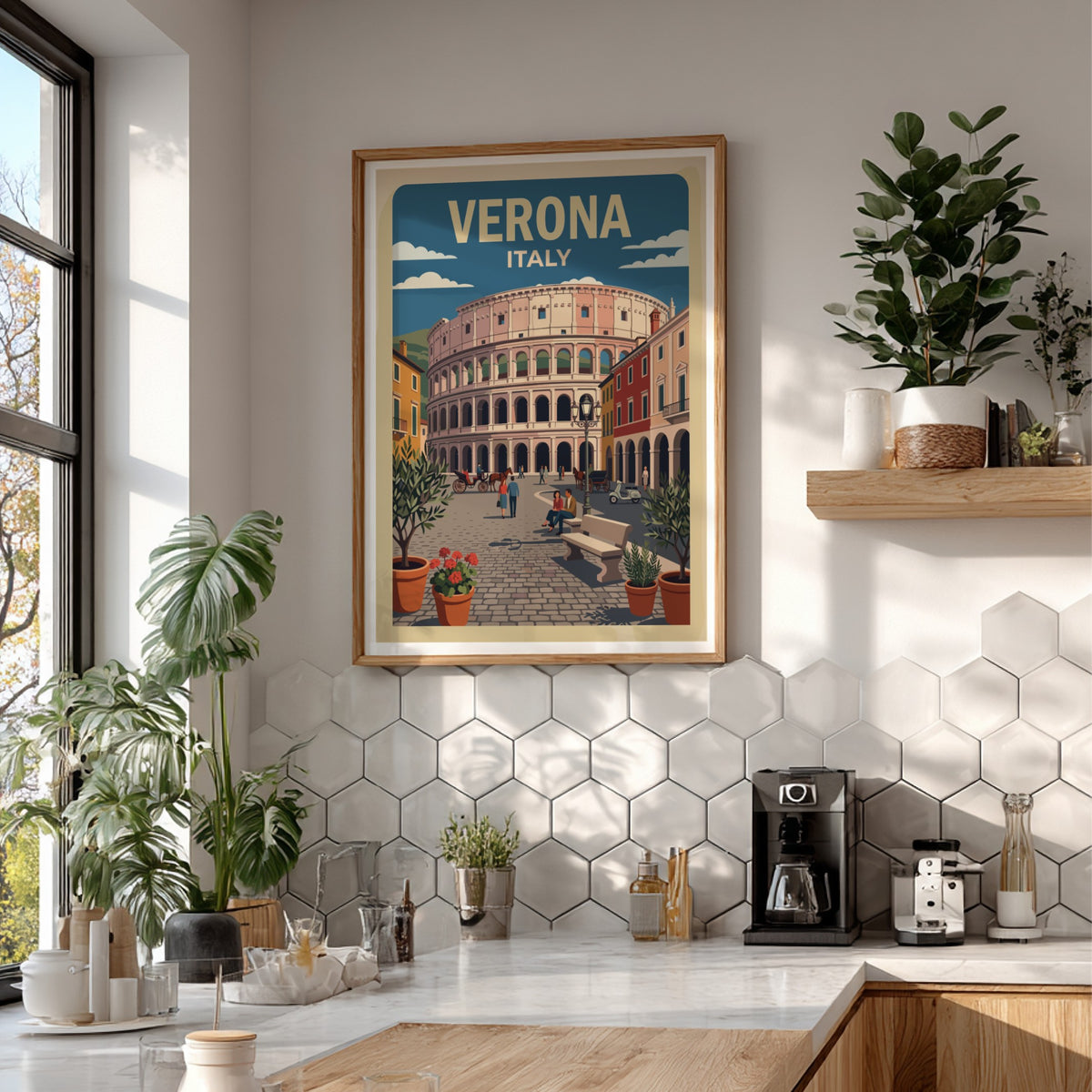 Verona Italy travel poster featuring a historic stone amphitheater surrounded by Mediterranean buildings.