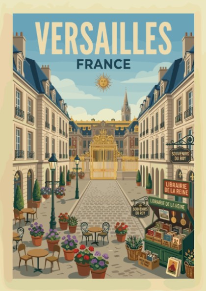 Vintage travel poster of a street leading to the Palace of Versailles, France, with cafes and flowers.