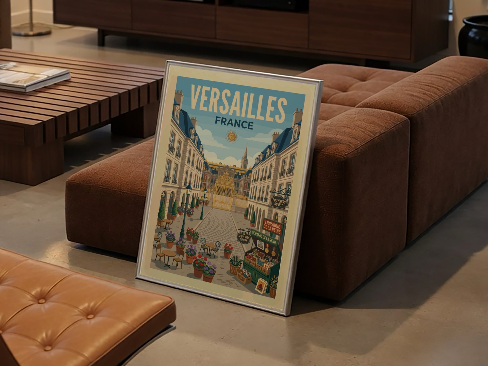 Vintage travel poster of a street leading to the Palace of Versailles, France, with cafes and flowers.