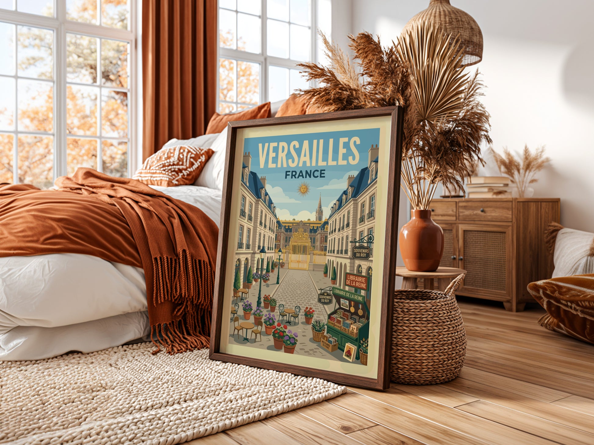 Vintage travel poster of a street leading to the Palace of Versailles, France, with cafes and flowers.