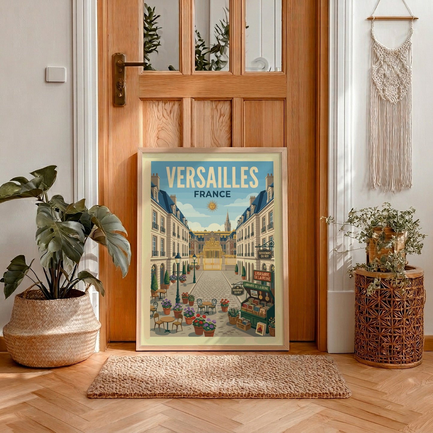 Vintage travel poster of a street leading to the Palace of Versailles, France, with cafes and flowers.