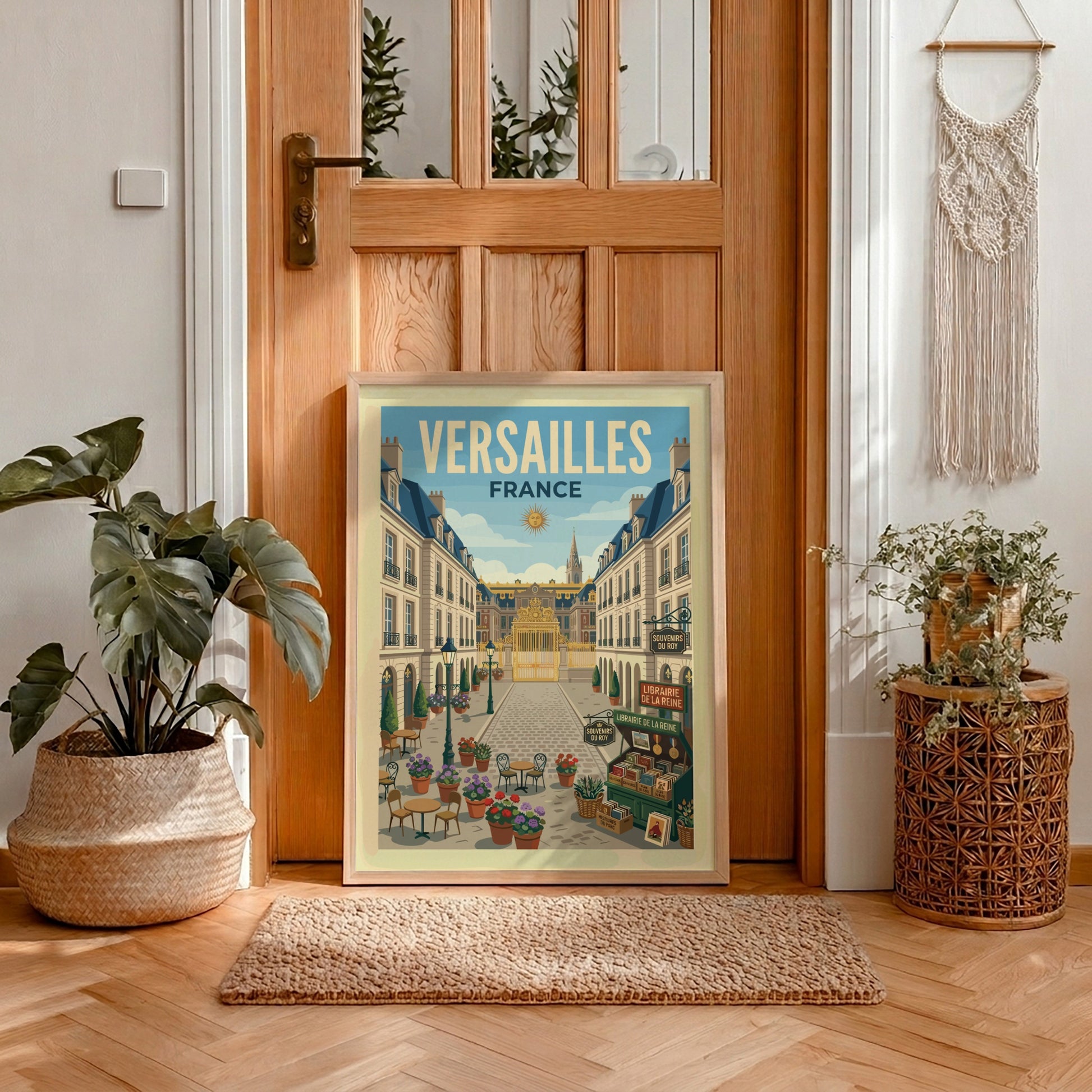 Vintage travel poster of a street leading to the Palace of Versailles, France, with cafes and flowers.