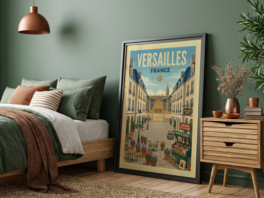 Vintage travel poster of a street leading to the Palace of Versailles, France, with cafes and flowers.
