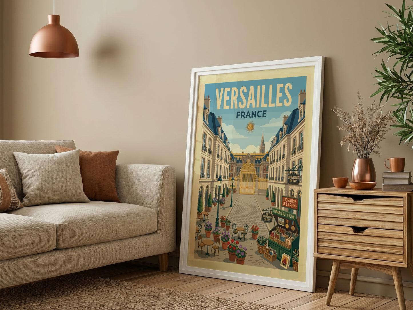 Vintage travel poster of a street leading to the Palace of Versailles, France, with cafes and flowers.