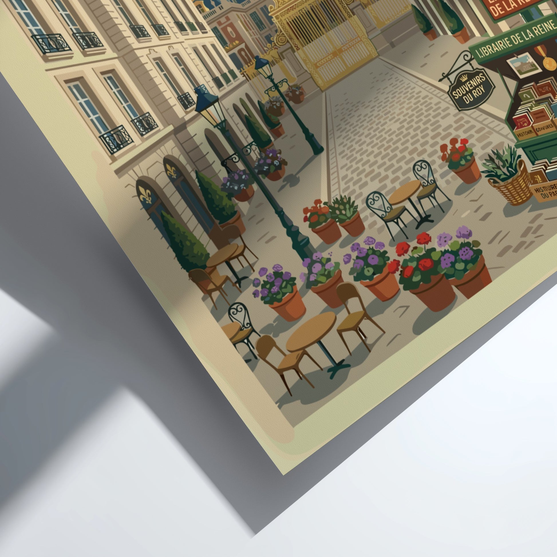 Vintage travel poster of a street leading to the Palace of Versailles, France, with cafes and flowers.