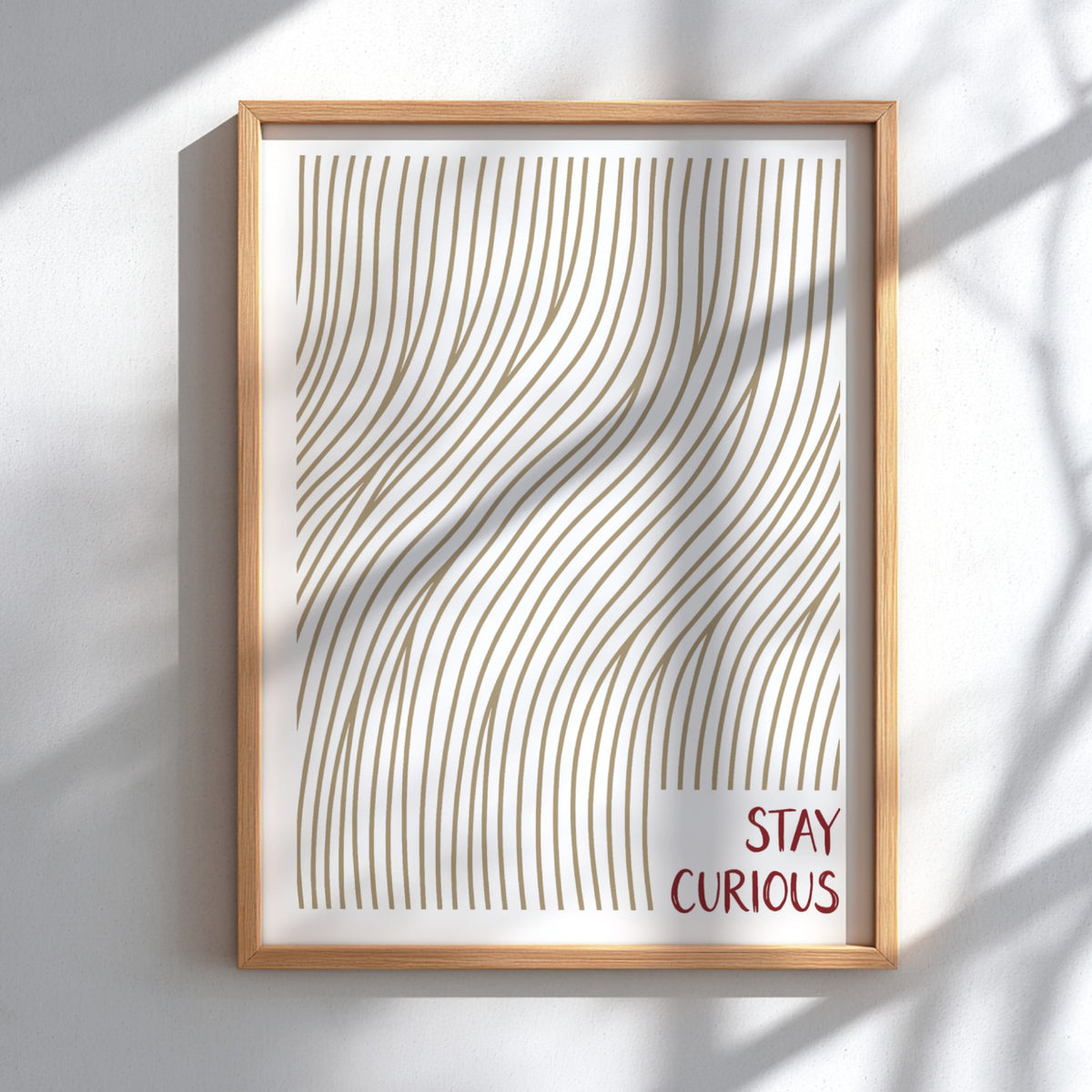 Motivational poster with golden wavy lines and the text Stay Curious in red