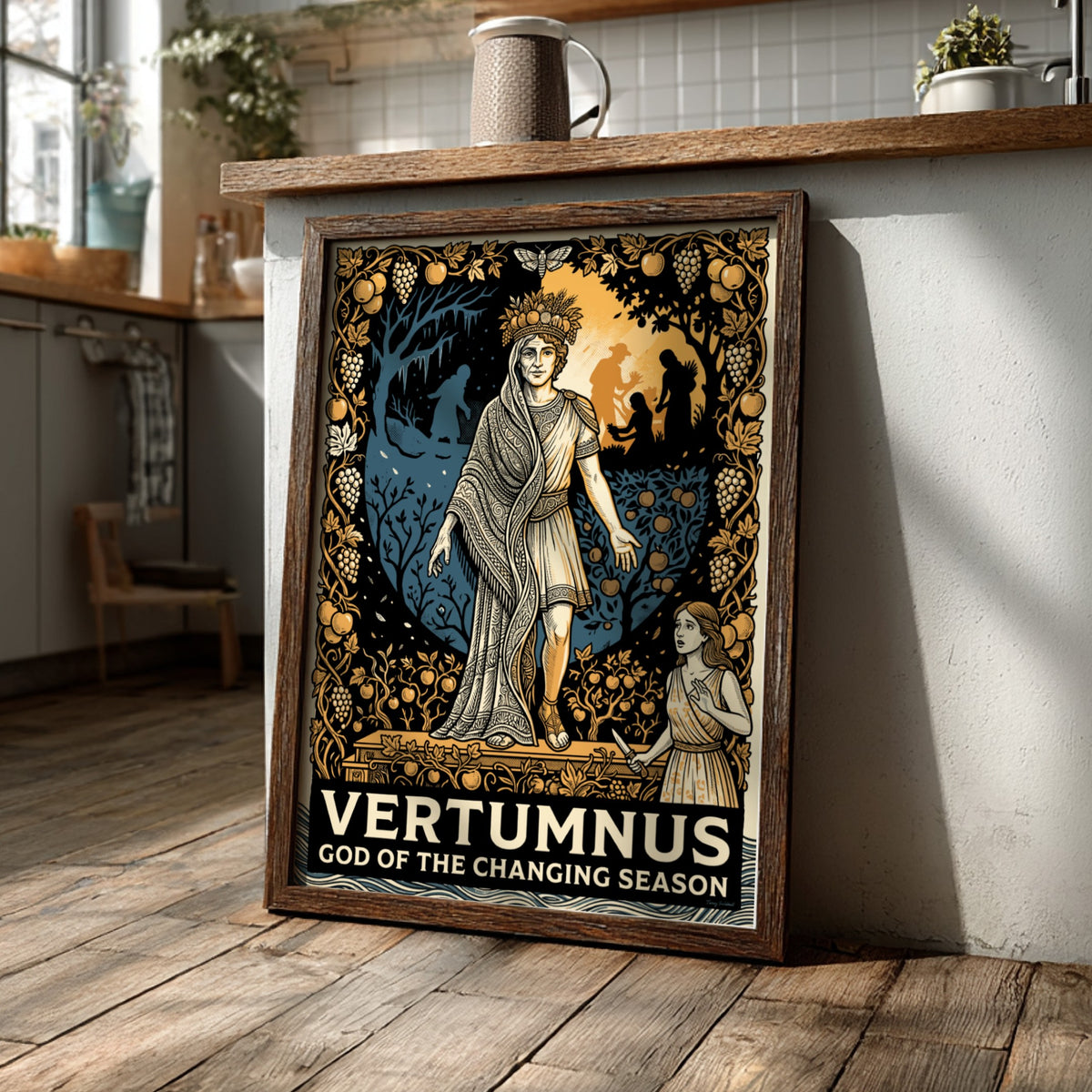 Poster of Vertumnus, the god of seasons, surrounded by harvest fruits in amber tones.