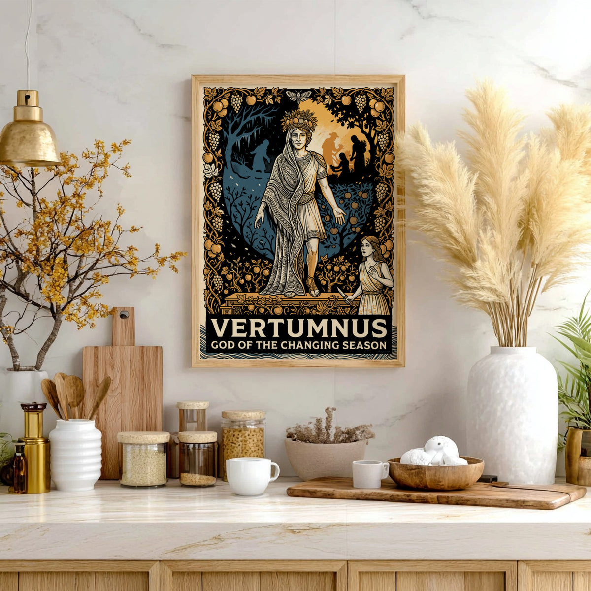 Poster of Vertumnus, the god of seasons, surrounded by harvest fruits in amber tones.