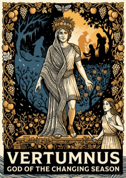 Poster of Vertumnus, the god of seasons, surrounded by harvest fruits in amber tones.