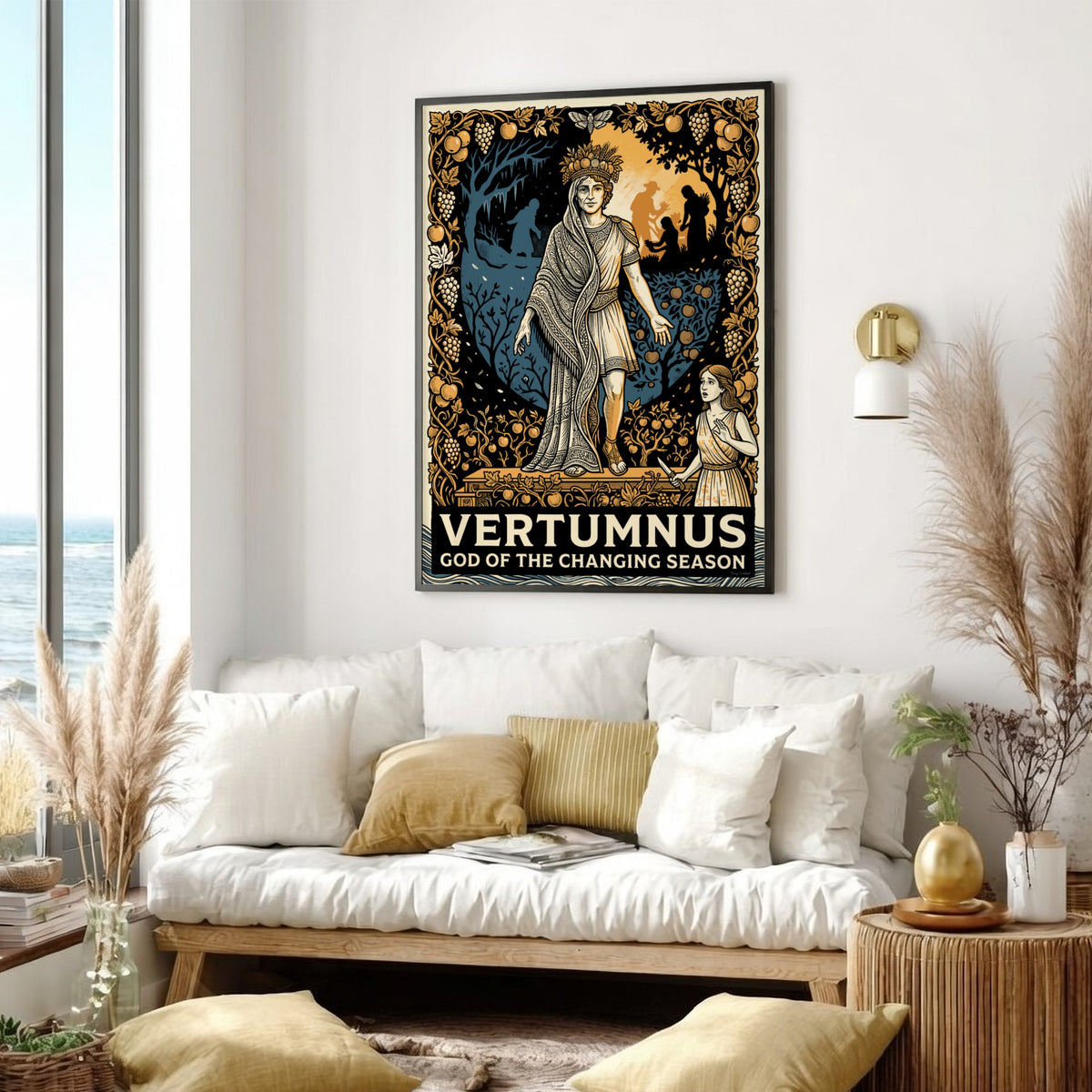 Poster of Vertumnus, the god of seasons, surrounded by harvest fruits in amber tones.