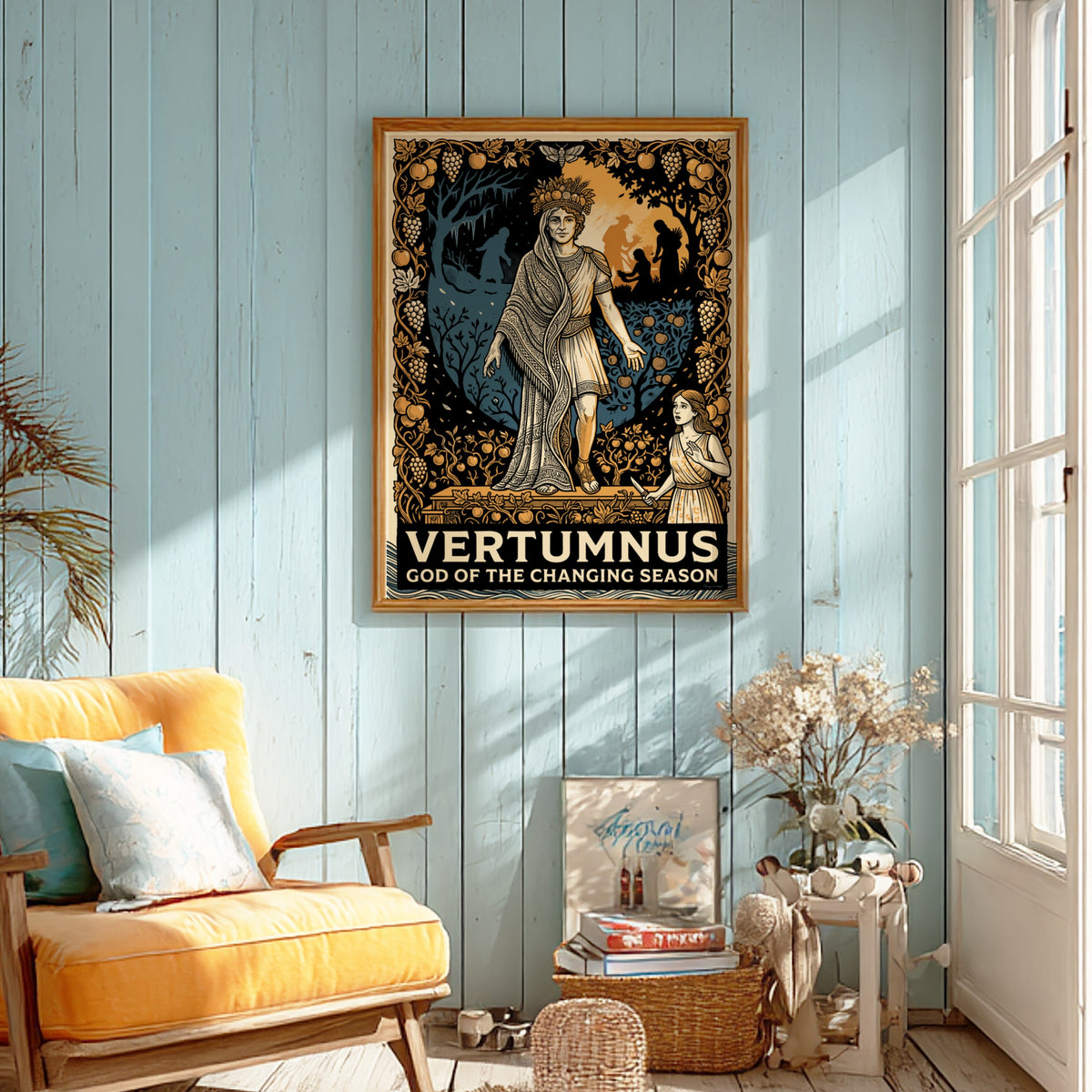 Poster of Vertumnus, the god of seasons, surrounded by harvest fruits in amber tones.
