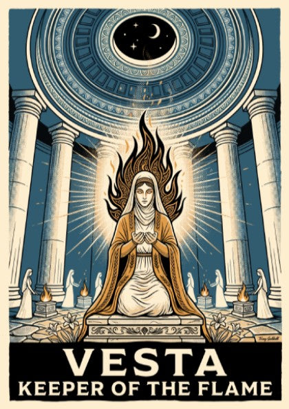 Vesta Keeper of the Flame poster showing a goddess in a blue temple