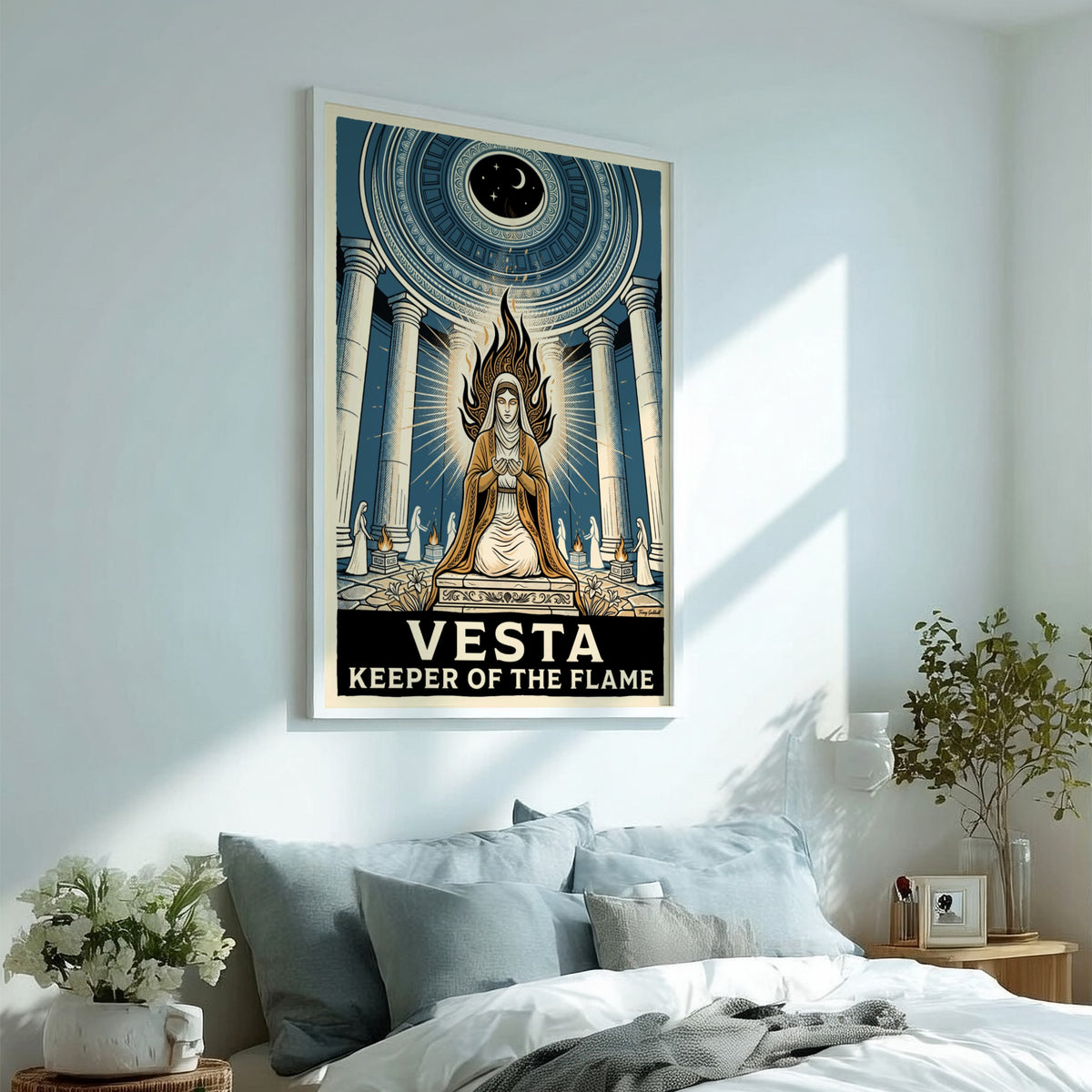 Vesta Keeper of the Flame poster showing a goddess in a blue temple
