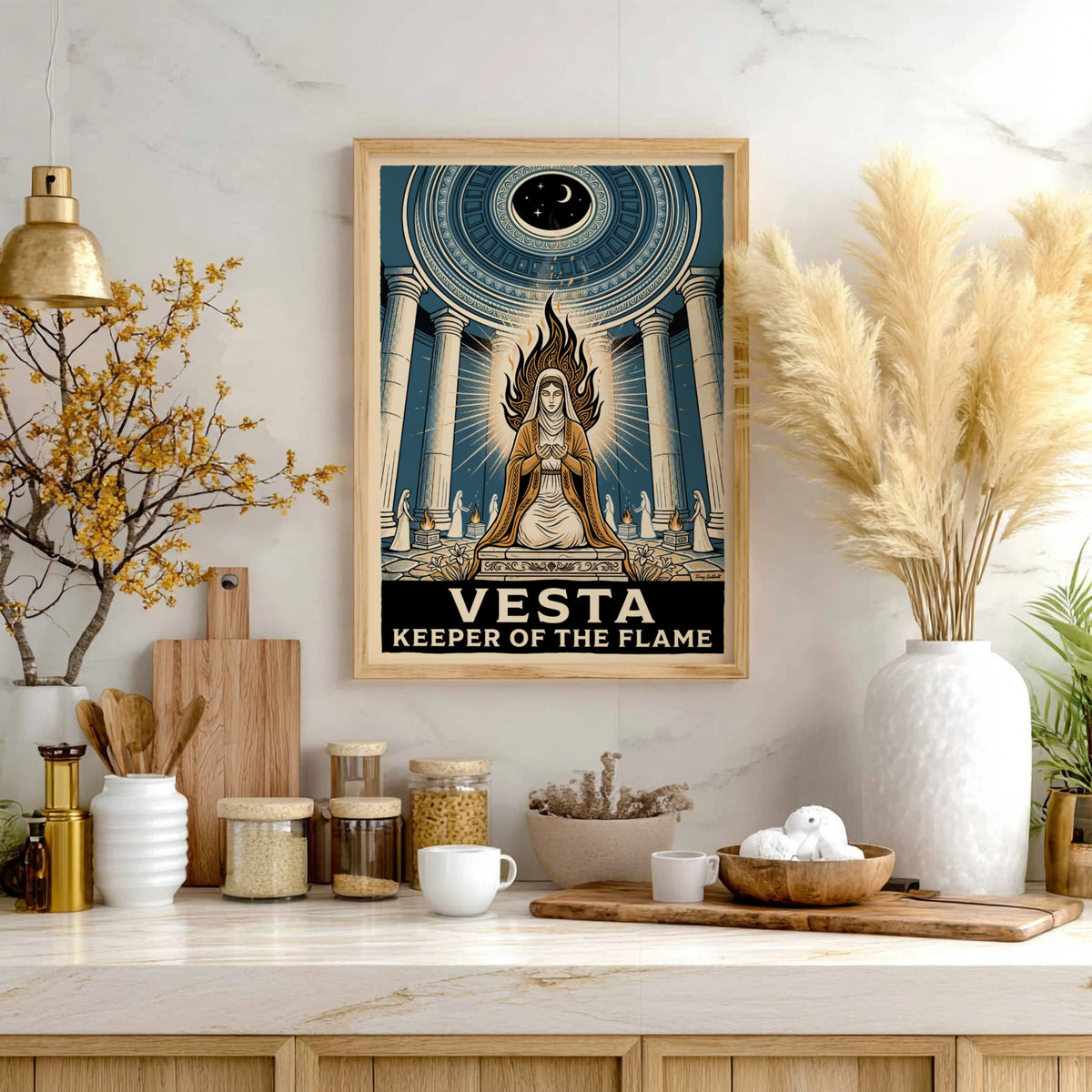 Vesta Keeper of the Flame poster showing a goddess in a blue temple