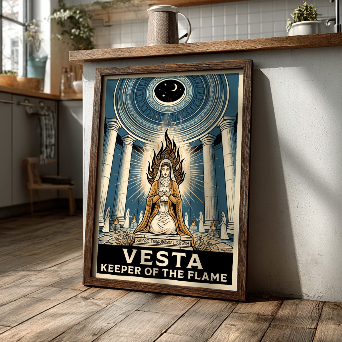 Vesta Keeper of the Flame poster showing a goddess in a blue temple