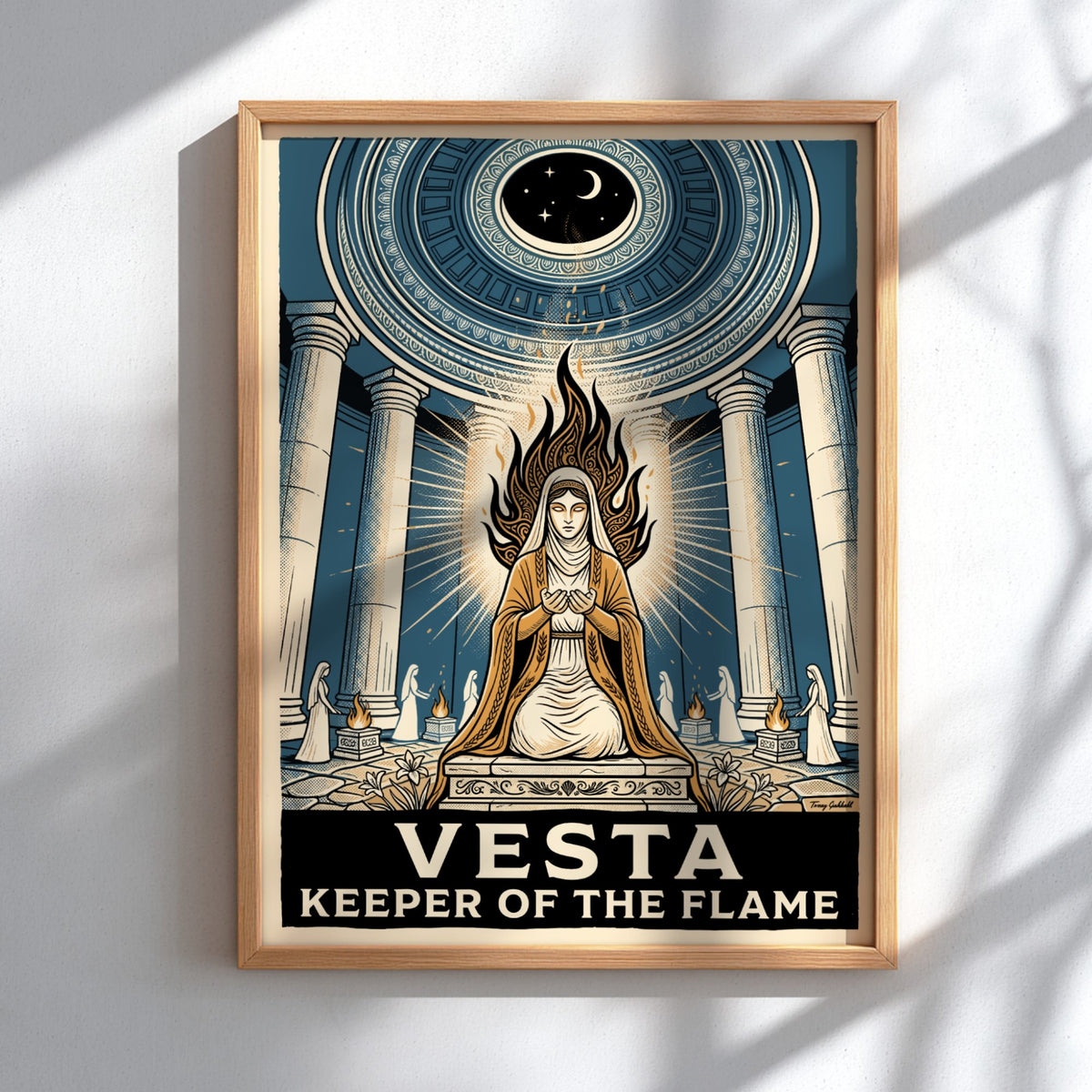 Vesta Keeper of the Flame poster showing a goddess in a blue temple