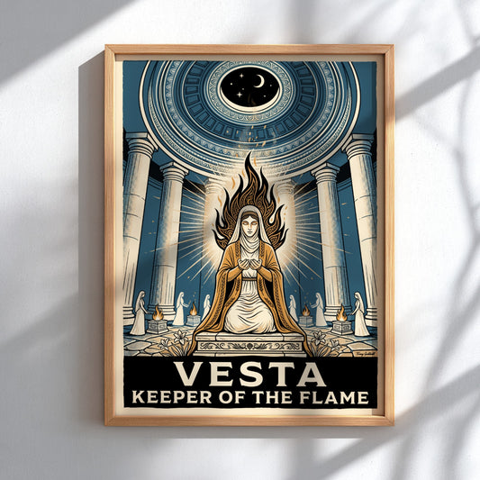Vesta Keeper of the Flame poster showing a goddess in a blue temple