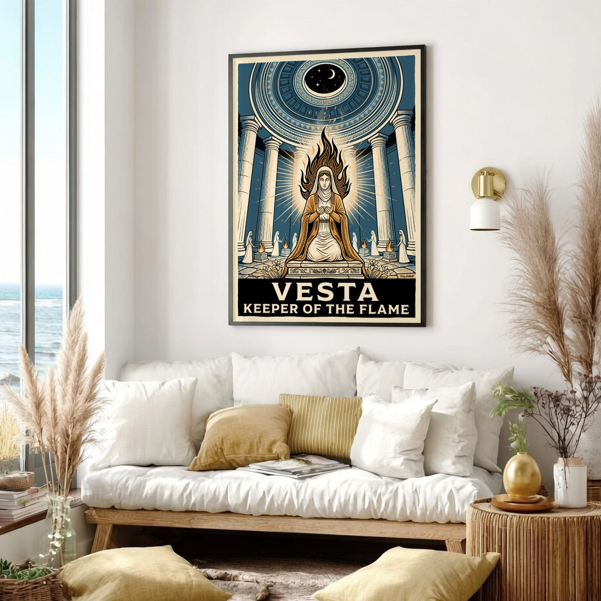 Vesta Keeper of the Flame poster showing a goddess in a blue temple