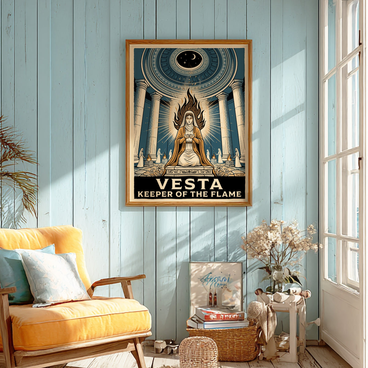Vesta Keeper of the Flame poster showing a goddess in a blue temple