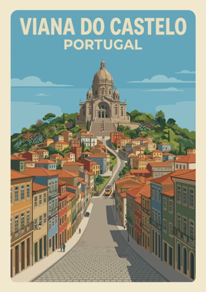 Poster of Viana do Castelo Portugal featuring a hilltop sanctuary and colorful houses.