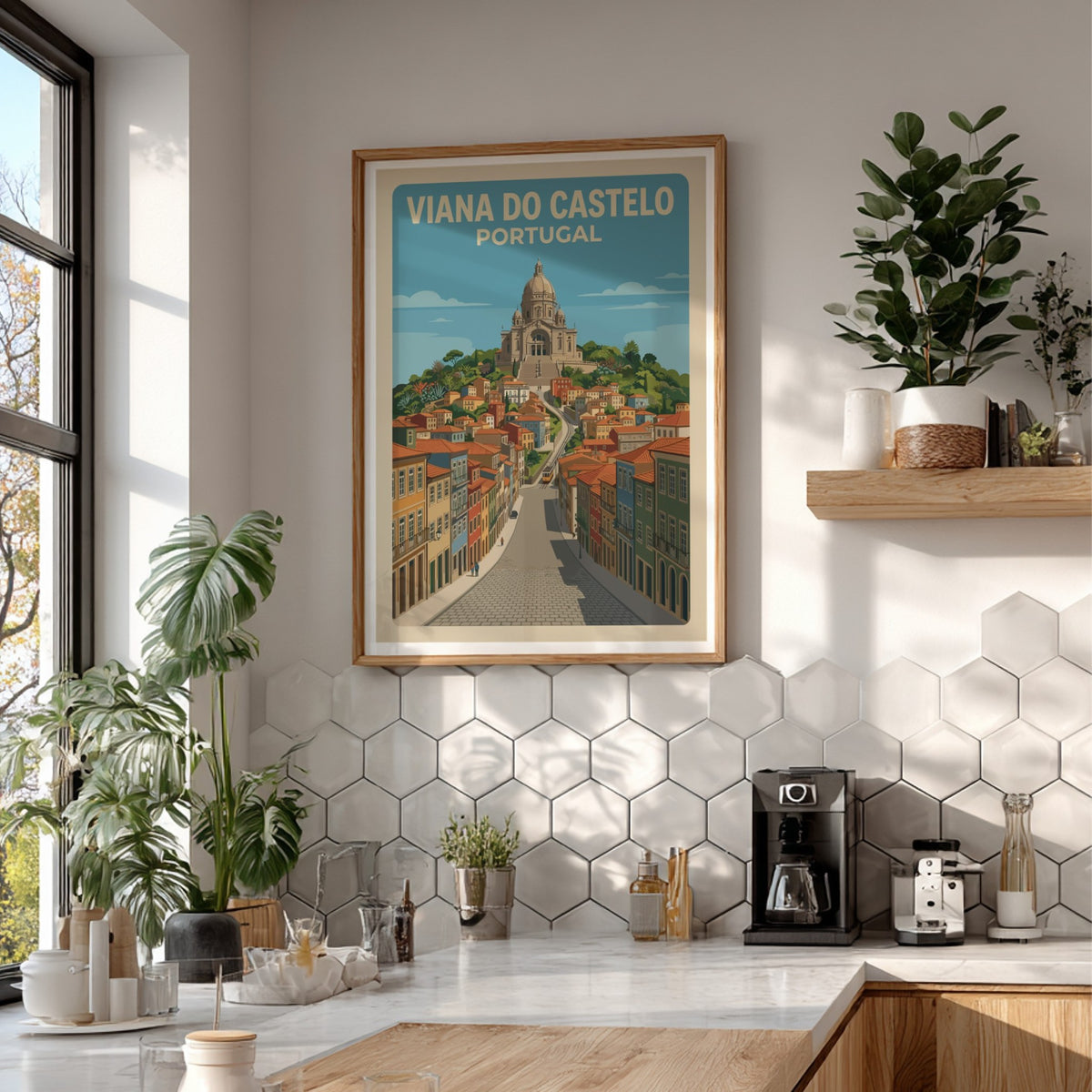 Poster of Viana do Castelo Portugal featuring a hilltop sanctuary and colorful houses.