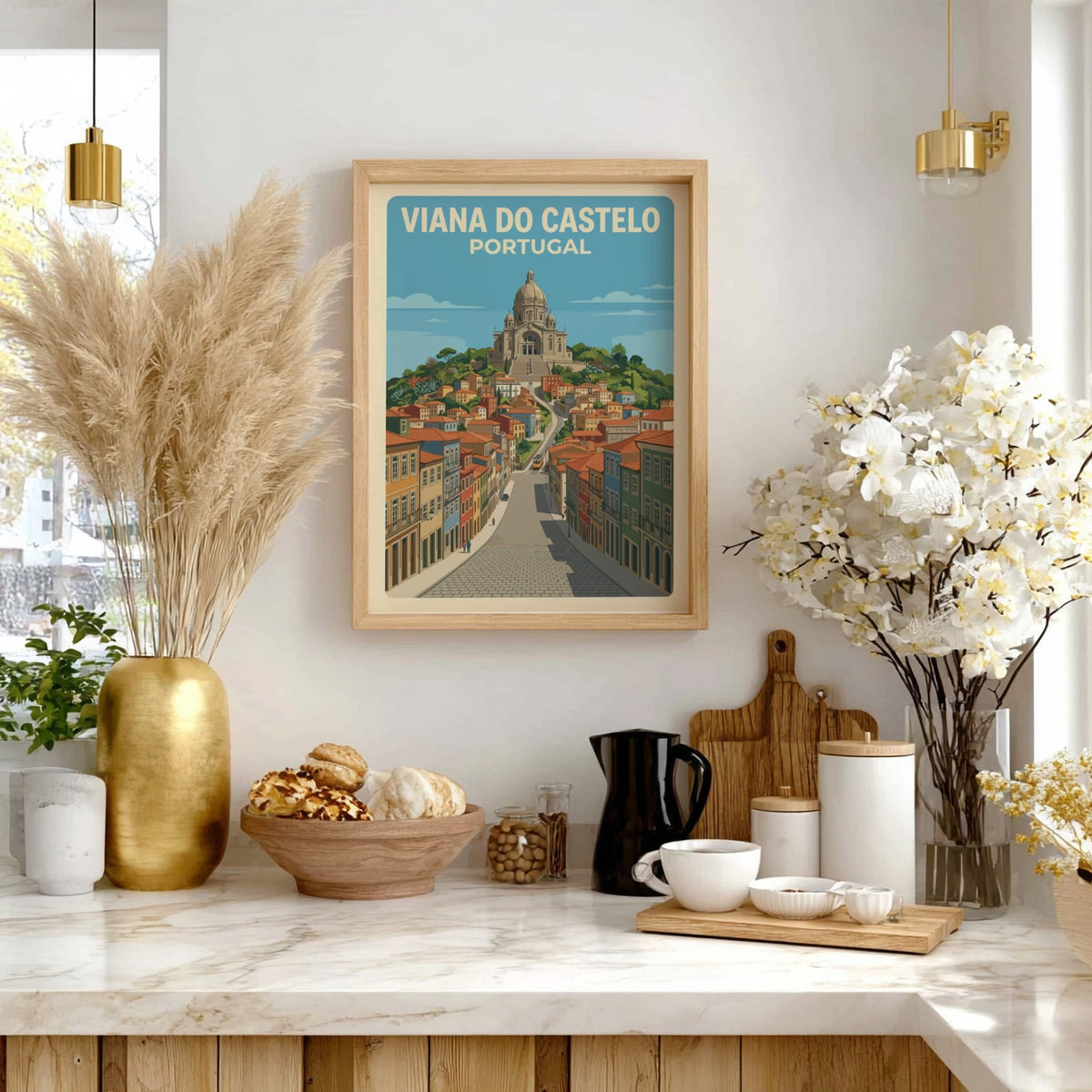 Poster of Viana do Castelo Portugal featuring a hilltop sanctuary and colorful houses.
