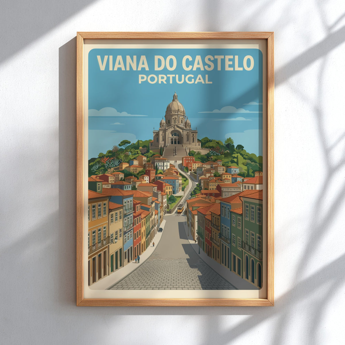 Poster of Viana do Castelo Portugal featuring a hilltop sanctuary and colorful houses.