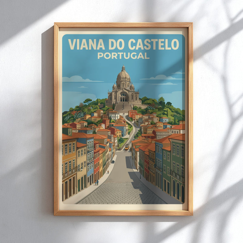 Poster of Viana do Castelo Portugal featuring a hilltop sanctuary and colorful houses.