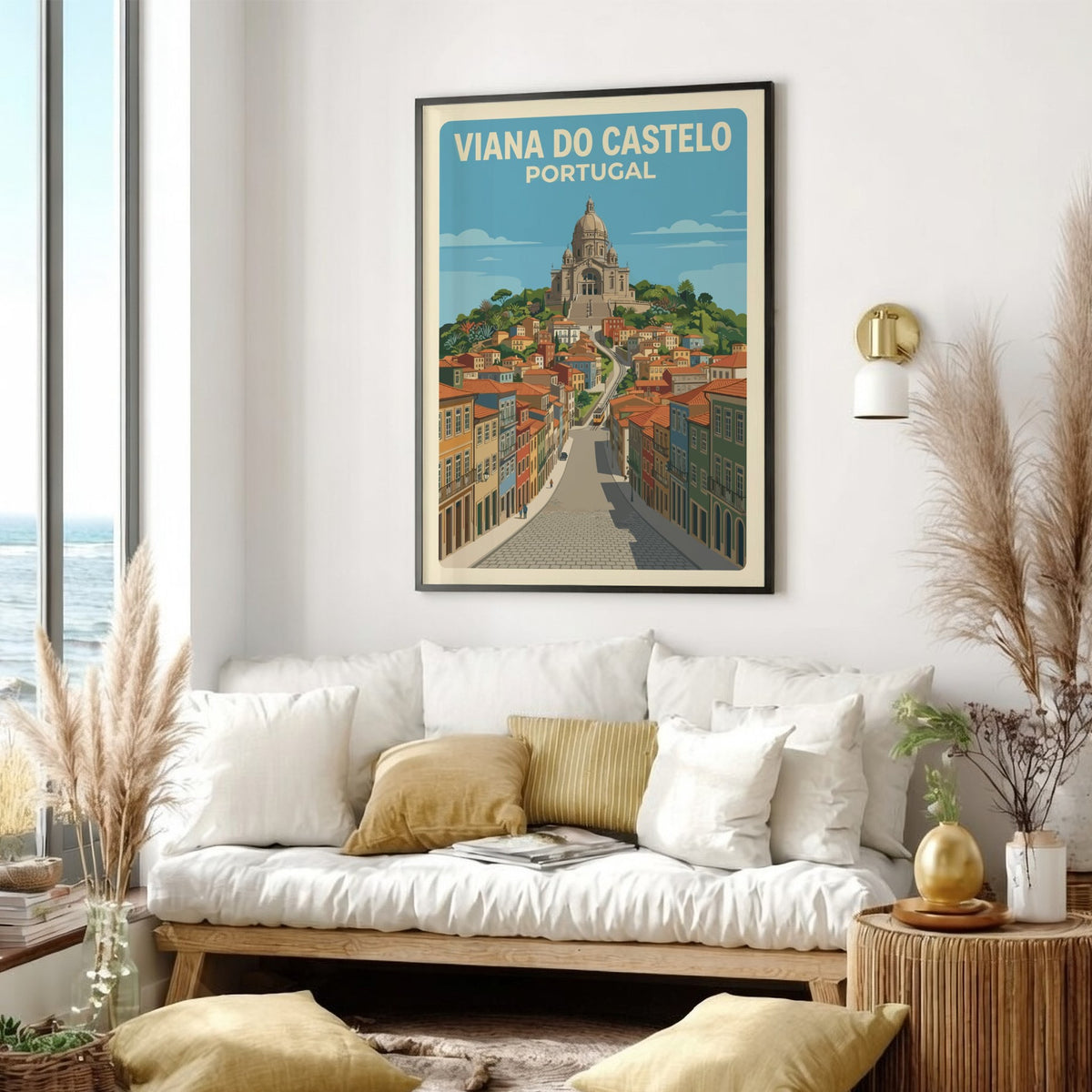Poster of Viana do Castelo Portugal featuring a hilltop sanctuary and colorful houses.