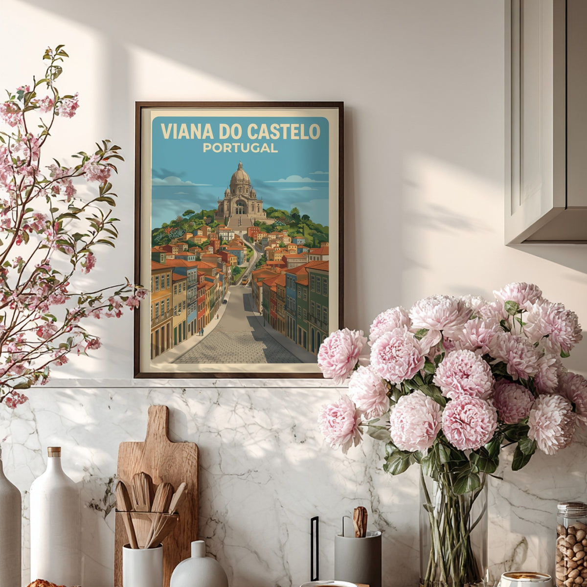 Poster of Viana do Castelo Portugal featuring a hilltop sanctuary and colorful houses.