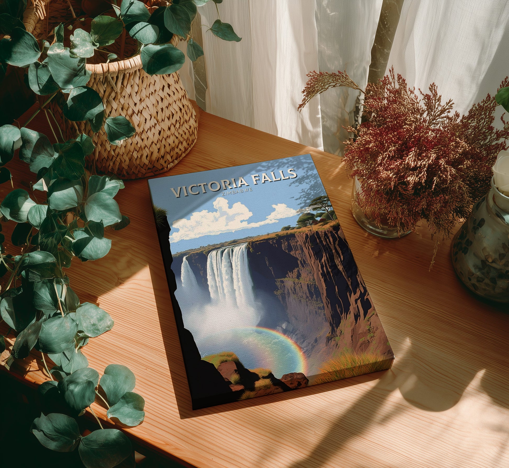 Canvas artwork of 'Victoria Falls' on a wooden table with plants around
