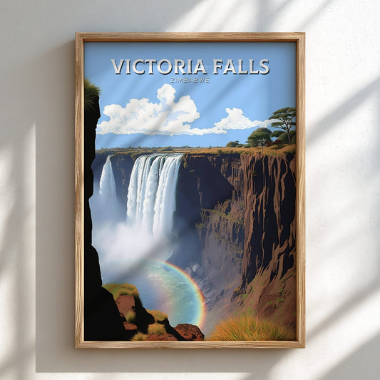 Framed poster of Victoria Falls with a rainbow on a white wall