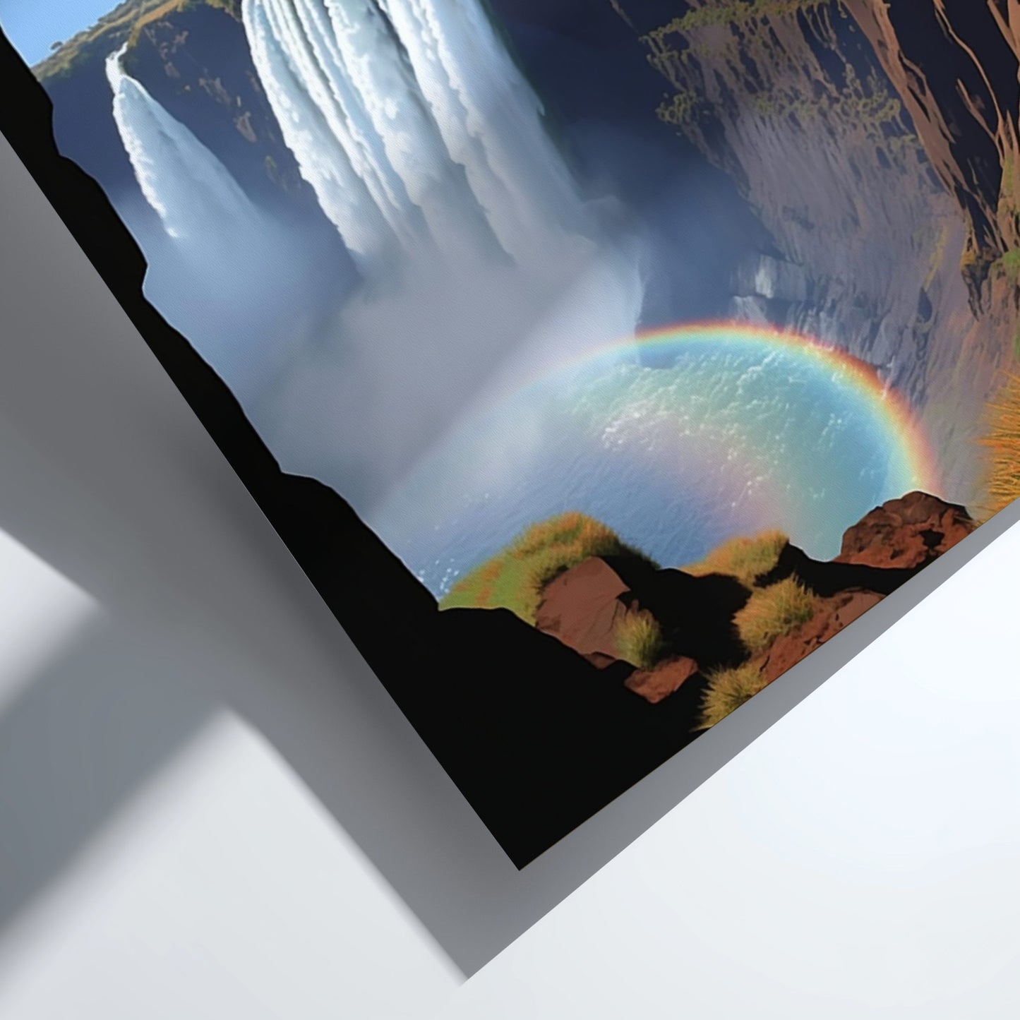 Framed artwork of a waterfall with a rainbow in a desert landscape