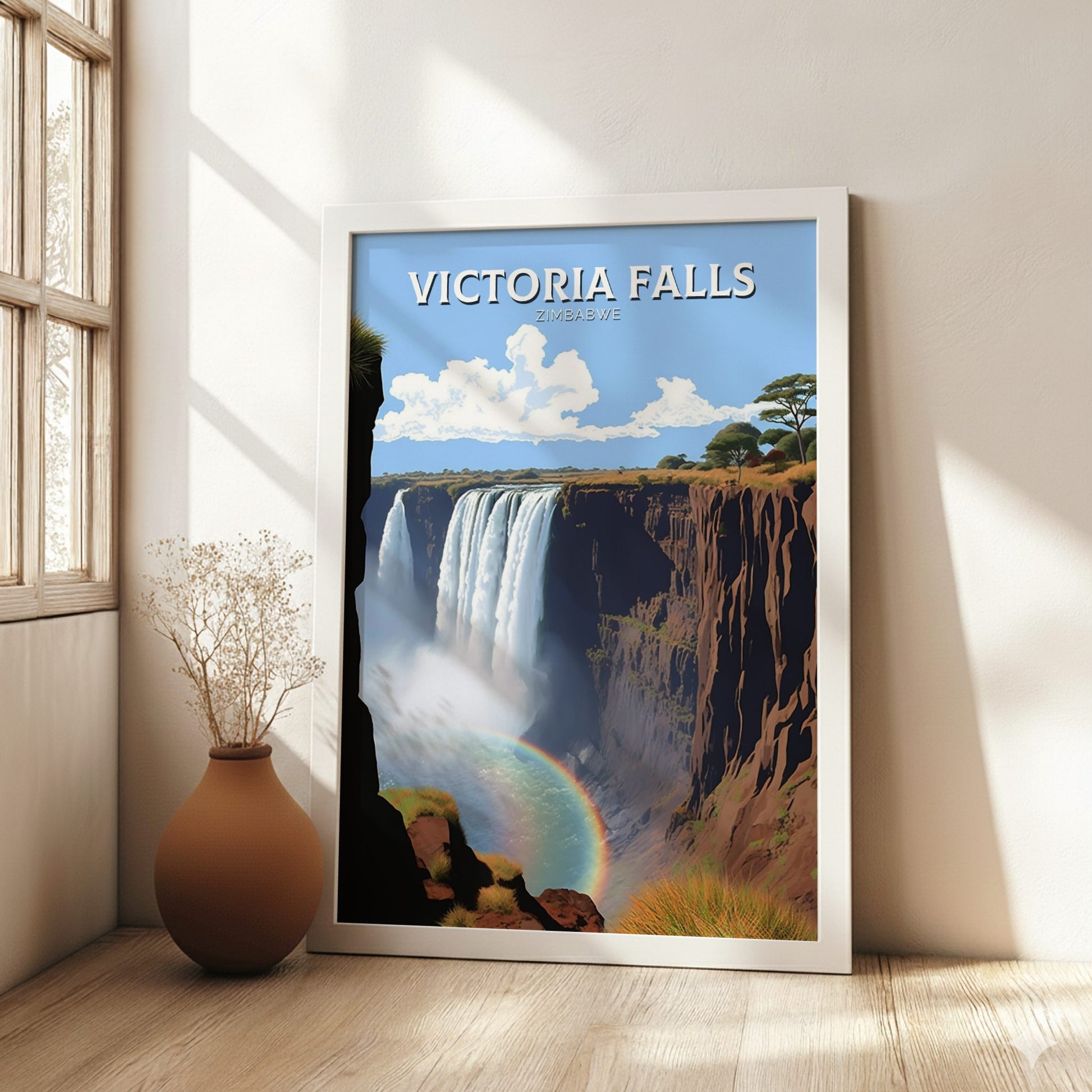 Framed poster of Victoria Falls in a room with natural light