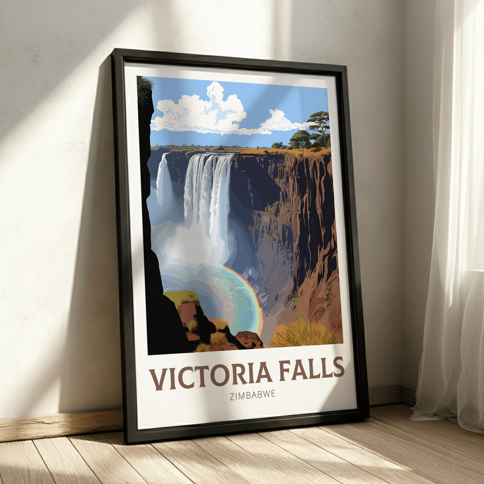 Framed poster of Victoria Falls, Zimbabwe on a wall.