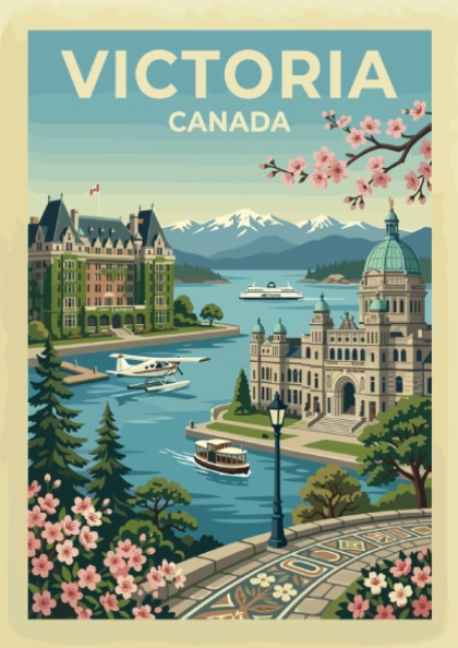 Victoria Canada travel poster featuring the Empress Hotel, Parliament Buildings, and waterfront.