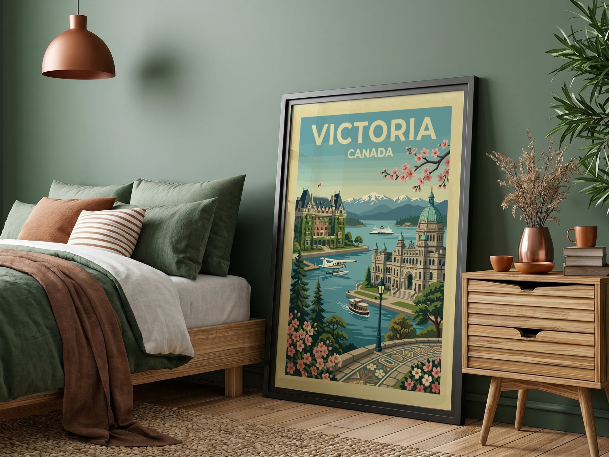 Victoria Canada travel poster featuring the Empress Hotel, Parliament Buildings, and waterfront.