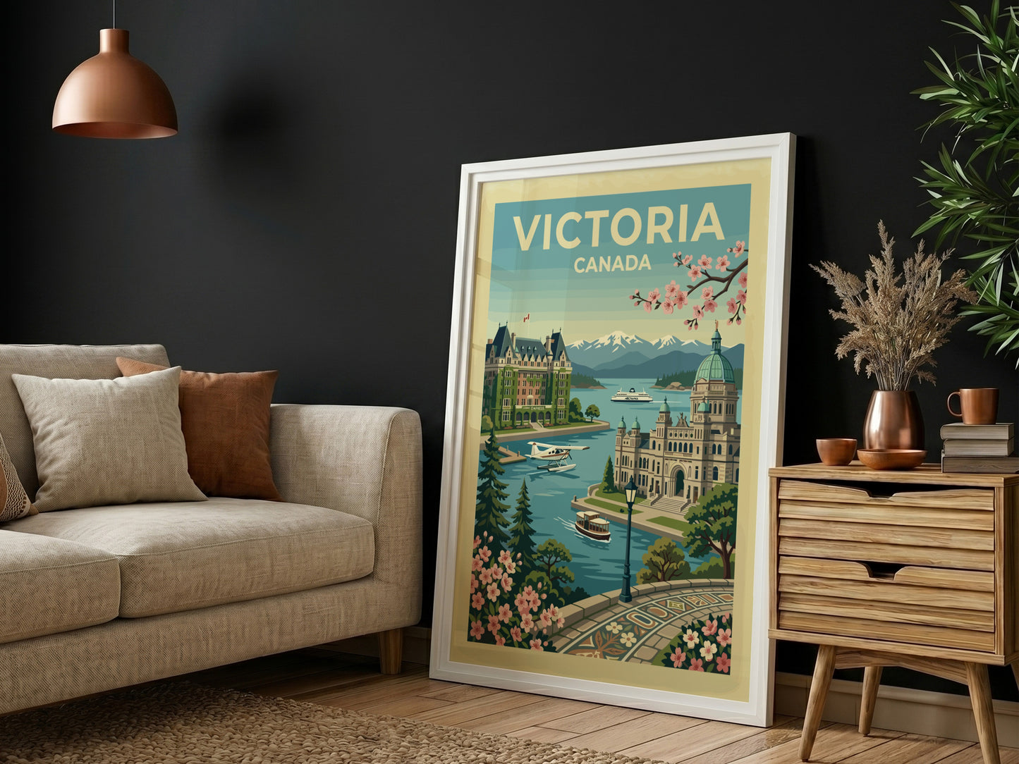 Victoria Canada travel poster featuring the Empress Hotel, Parliament Buildings, and waterfront.