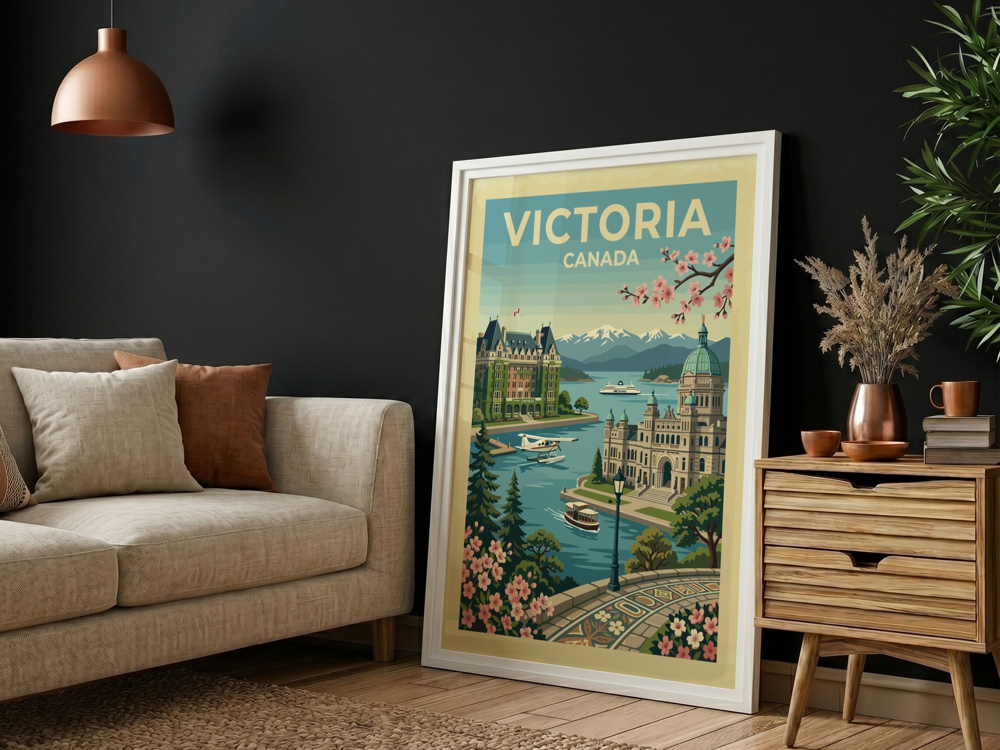 Victoria Canada travel poster featuring the Empress Hotel, Parliament Buildings, and waterfront.