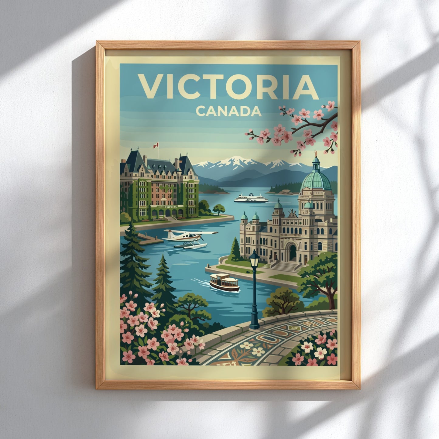 Victoria Canada travel poster featuring the Empress Hotel, Parliament Buildings, and waterfront.